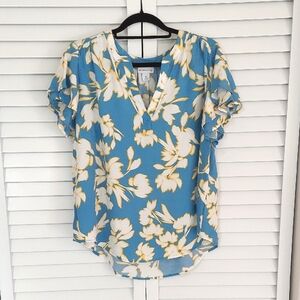 Liz Claiborne Top, Size XL, Vneck, Double Ruffle Short Sleeves, Blue White HiLo